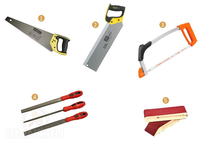 1 — ножовка по дереву; 2 — припасовочная (обушковая) ножовка; 3 — ножовка по металлу; 4 — набор рашпилей по дереву; 5 — брусок для шлифовальной бумаги