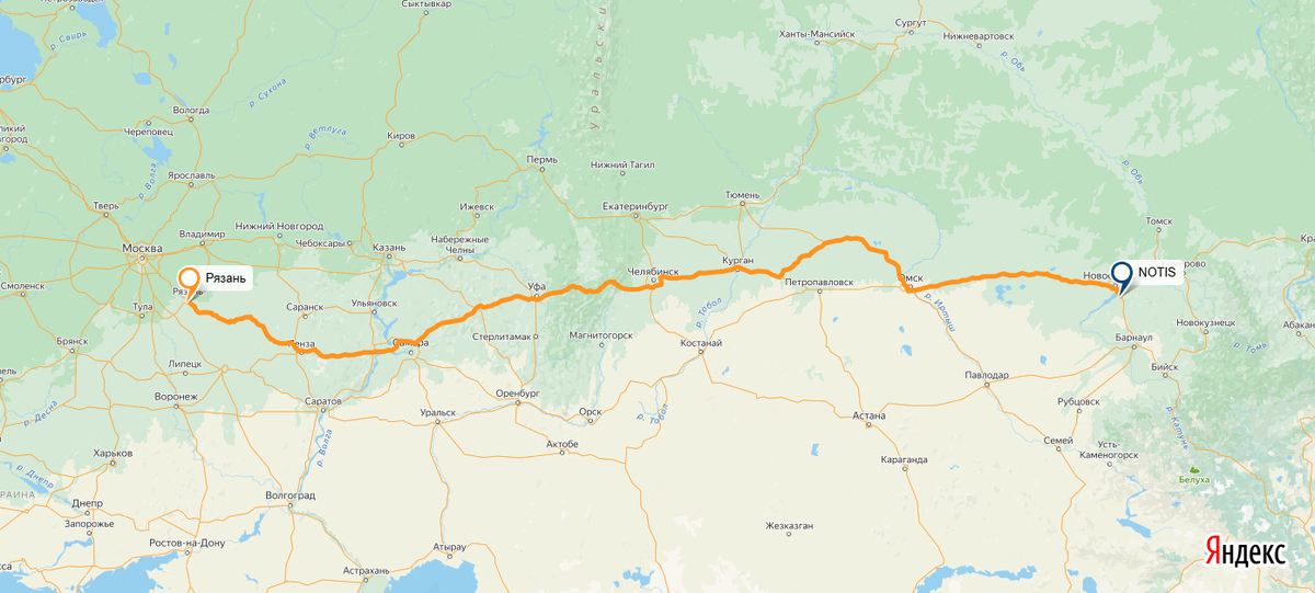 Расстояние между компанией НОТИС и заказчиком в Рязани составляет 3300 км