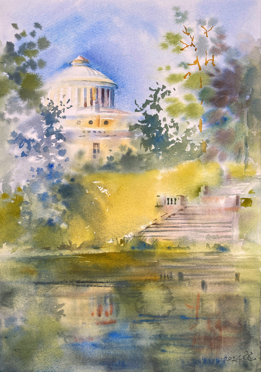 Павловский дворец, отражённый в глади Мариентальского пруда. А3. 