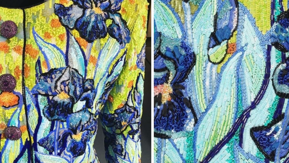 Вышивка от Франсуа Лесажа для Ив Сен Лорана по мотивам ирисов Ван Гога