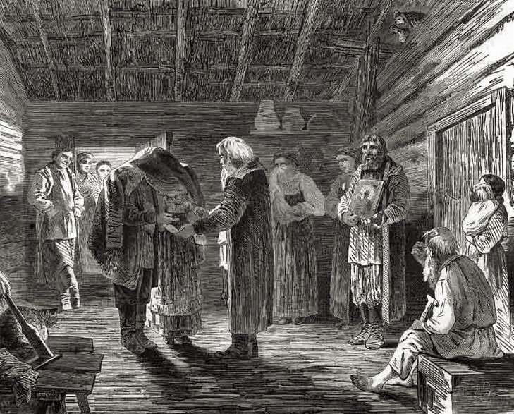 «Крестьянская помолвка». Гравюра А. Зубчанинова по рисунку Н.И. Соколова. XIX век