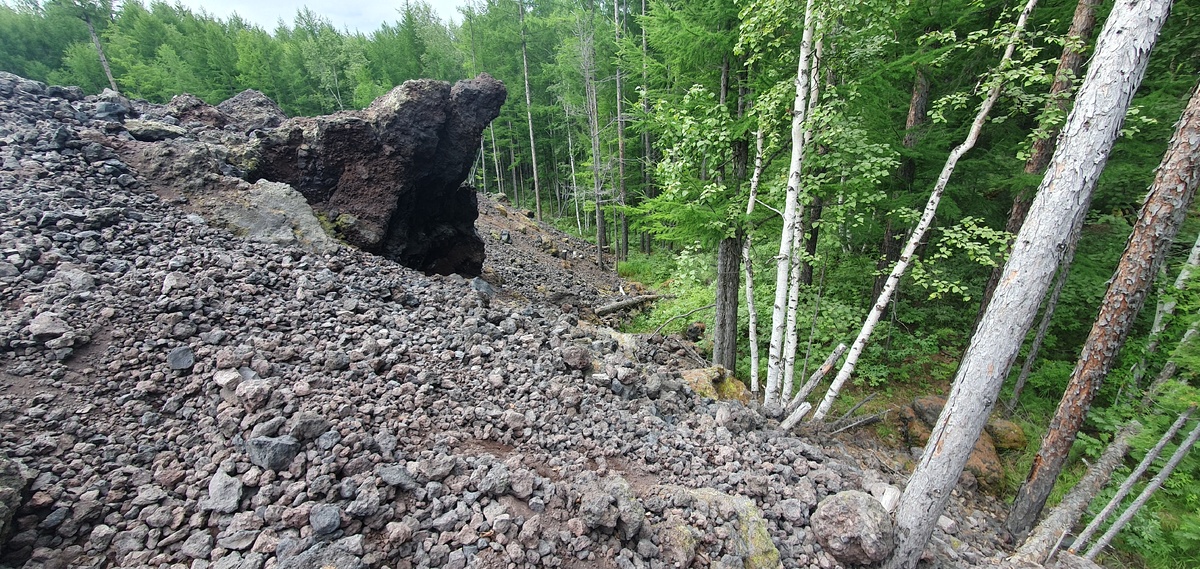 Слой шлака, надвигающийся на лес при извержении вулкана.
