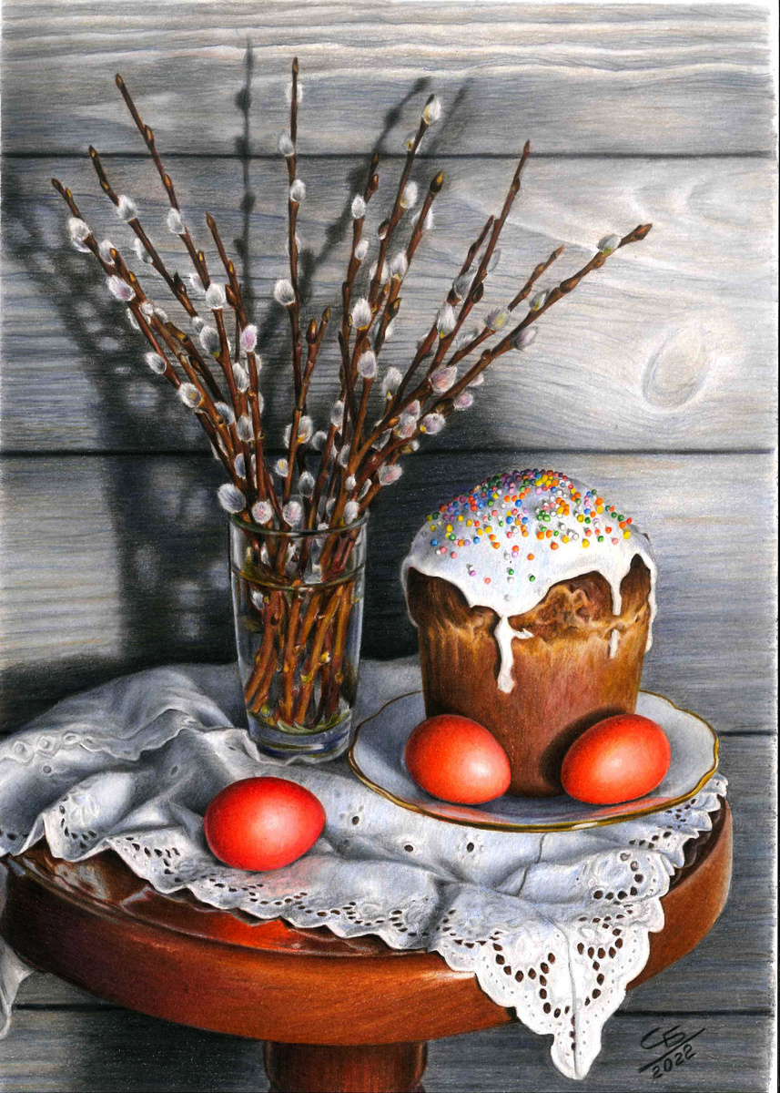 Рисунок цветными карандашами :"Пасхальный натюрморт". Цветные карандаши Faber-Castell Polychromos. Бумага:Canson Iris Vivaldi, формат А4.(апрель 2022 года) Автор: Никифорова Светлана