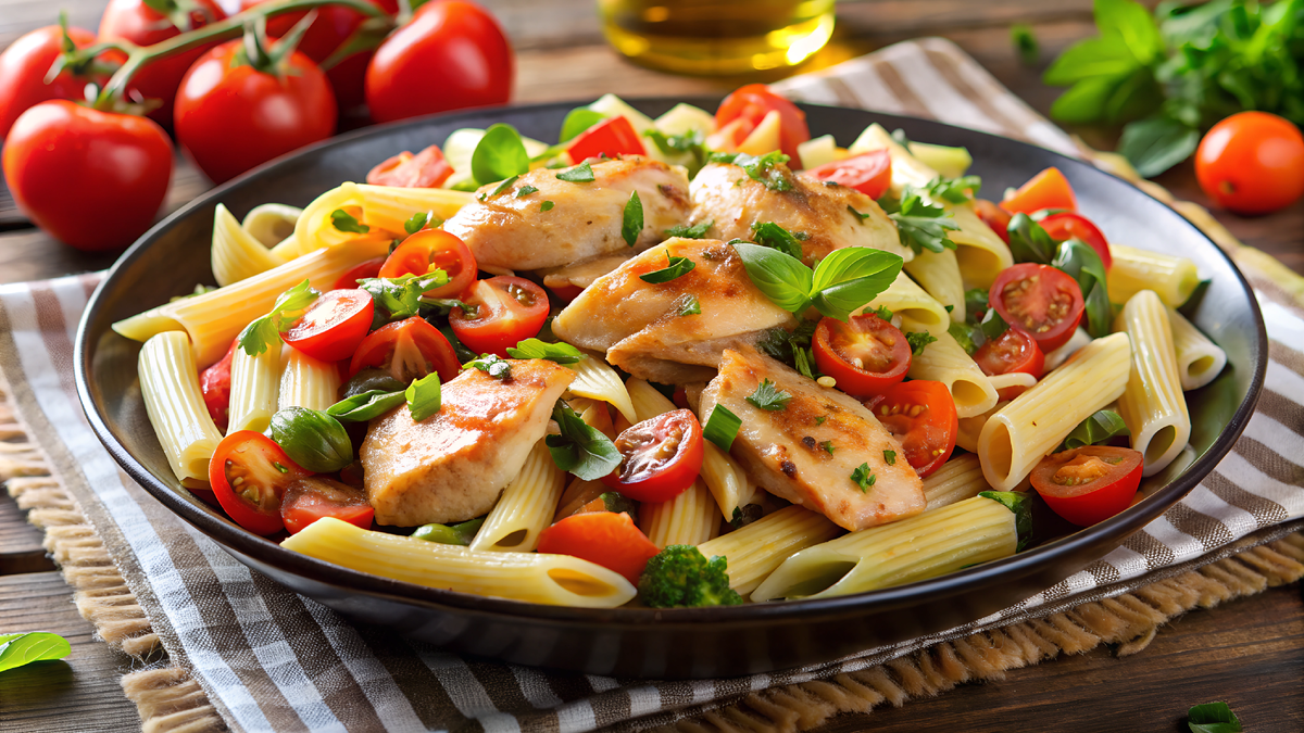 Паста с курицей и овощами