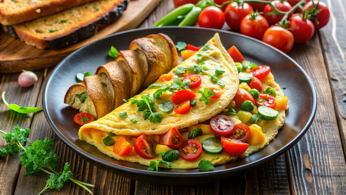 Яичница с овощами и тостами