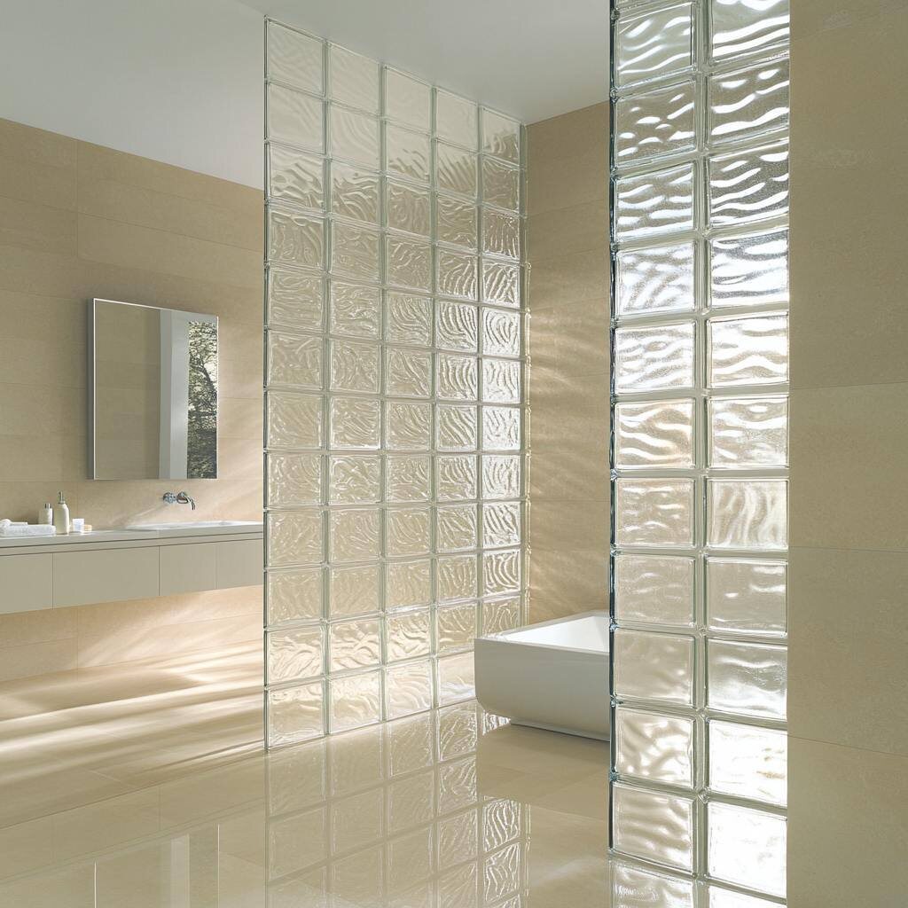 Применение  фактурных стеклоблоков в ванной комнате 