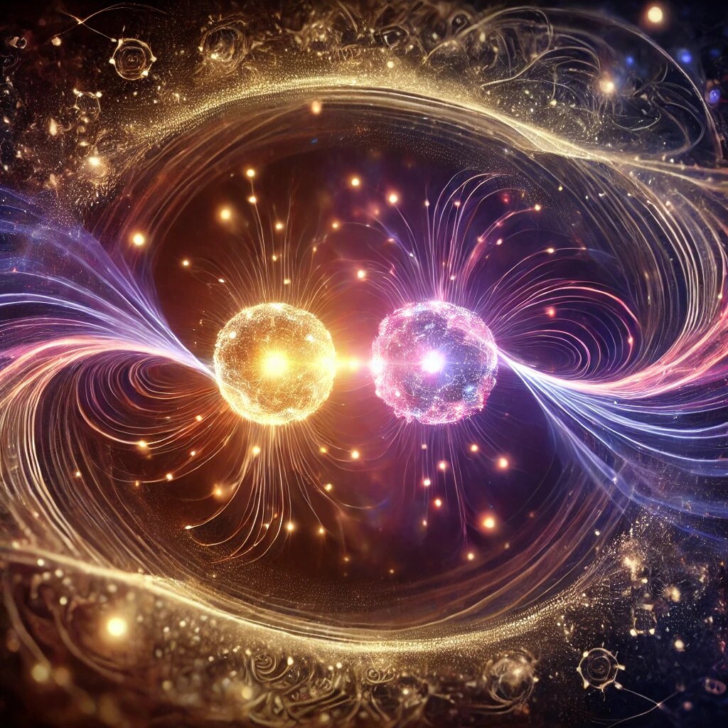 Первая картинка: Абстрактное изображение двух светящихся сфер, соединённых энергетической нитью, символизирующей кармическую связь и квантовую запутанность. Световые волны вокруг сфер отражают влияние действий на реальность, а звёзды и космические узоры на фоне создают ощущение тайны и взаимосвязанности всего сущего.