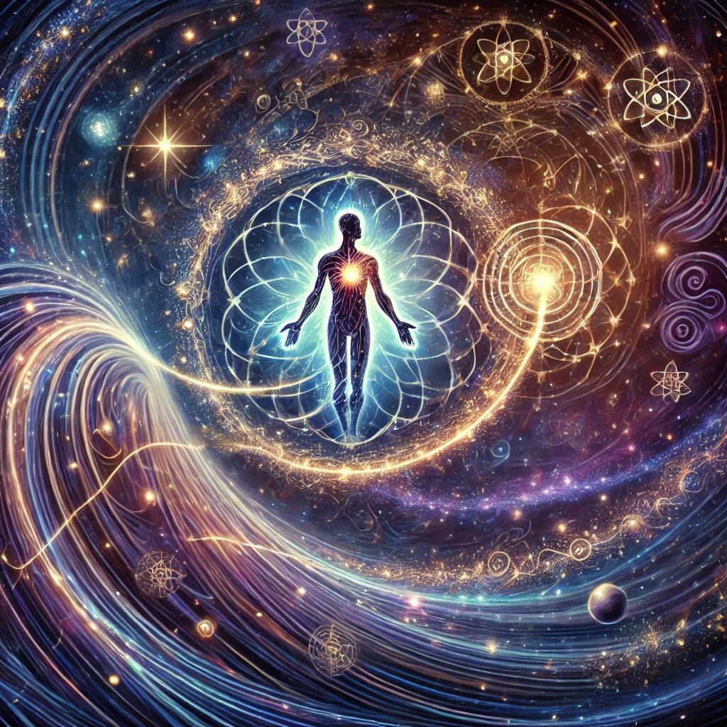 вторая картинка: абстрактная человеческая фигура, окружённая космическими частицами и энергией, соединённая светящейся нитью с далёкой частицей. Этот образ символизирует кармические и квантовые связи, отражая взаимодействие между действиями и вселенной.