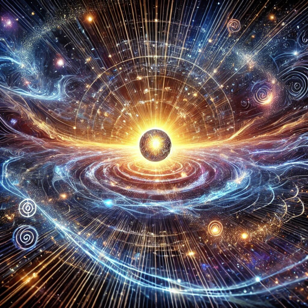 Первая картинка: Символическое изображение Акаши, представляющее вселенское хранилище информации. В центре изображена светящаяся сфера, окружённая вихрями энергии и световыми потоками, символизирующими информационные связи во вселенной. Космические символы и частицы подчеркивают концепцию всеобъемлющего информационного поля. Доминируют оттенки глубокого синего, пурпурного и золотого, создавая ощущение космической глубины и тайны.