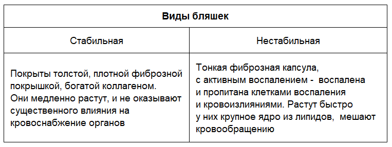 Виды бляшек: стабильная и нестабильная