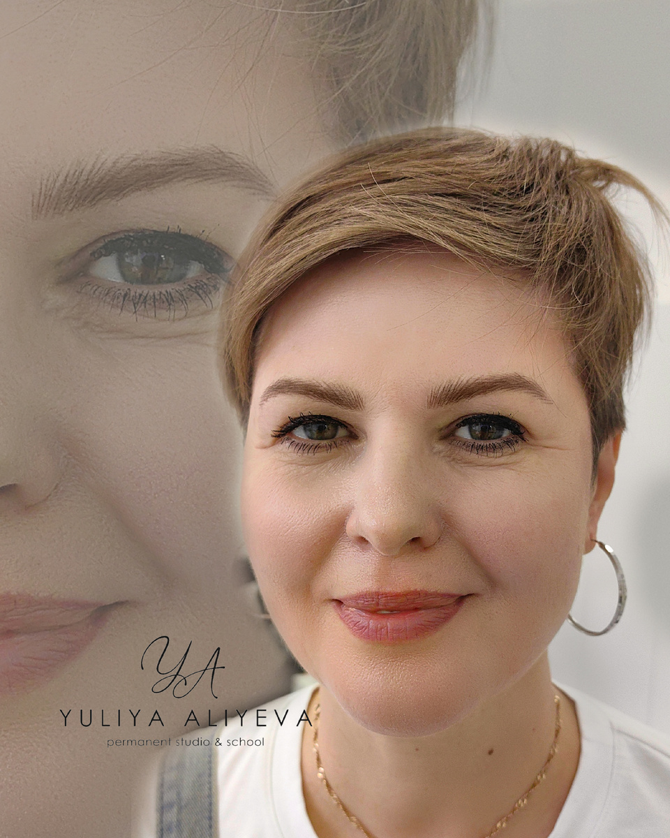На фото - перманентный макияж бровей в технике Realistic hairs, результат сразу после процедуры