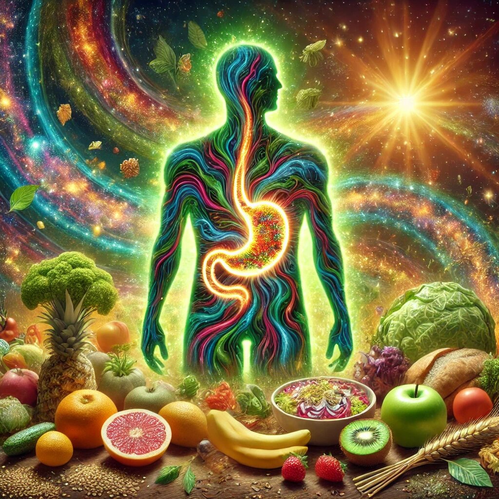 Первая картинка: Светящаяся фигура с энергией, сконцентрированной в области живота, представляющая микробиом. Вокруг расположены свежие продукты, символизирующие их положительное влияние на здоровье кишечника.