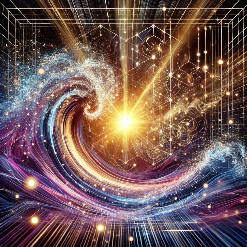 визуализация, отражающая идею того, как мысли создают реальность, основанную на ведической философии и экспериментах с квантовым наблюдателем. Свет, энергия и абстрактные формы символизируют взаимодействие сознания с материей и квантовыми процессами