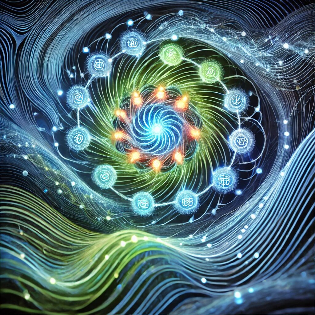 Первая картинка показывает динамическое взаимодействие биоэлектрических полей и чакр через завихряющиеся волны энергии