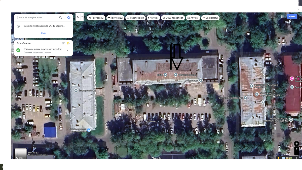 Вид на здание государственного предприятия «Научно-исследовательский институт по экономике и управлению в автомобильной промышленности» на спутниковой карте. Отмечено стрелочкой в центре.