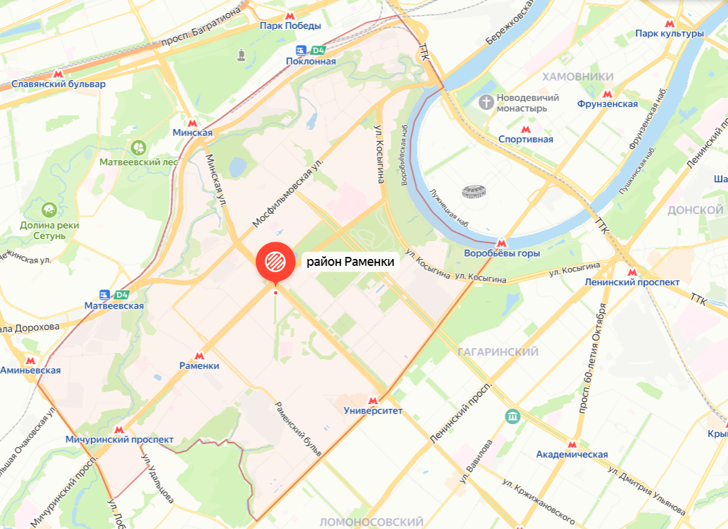 Район Раменки на карте Москвы. Яндекс.Карты.