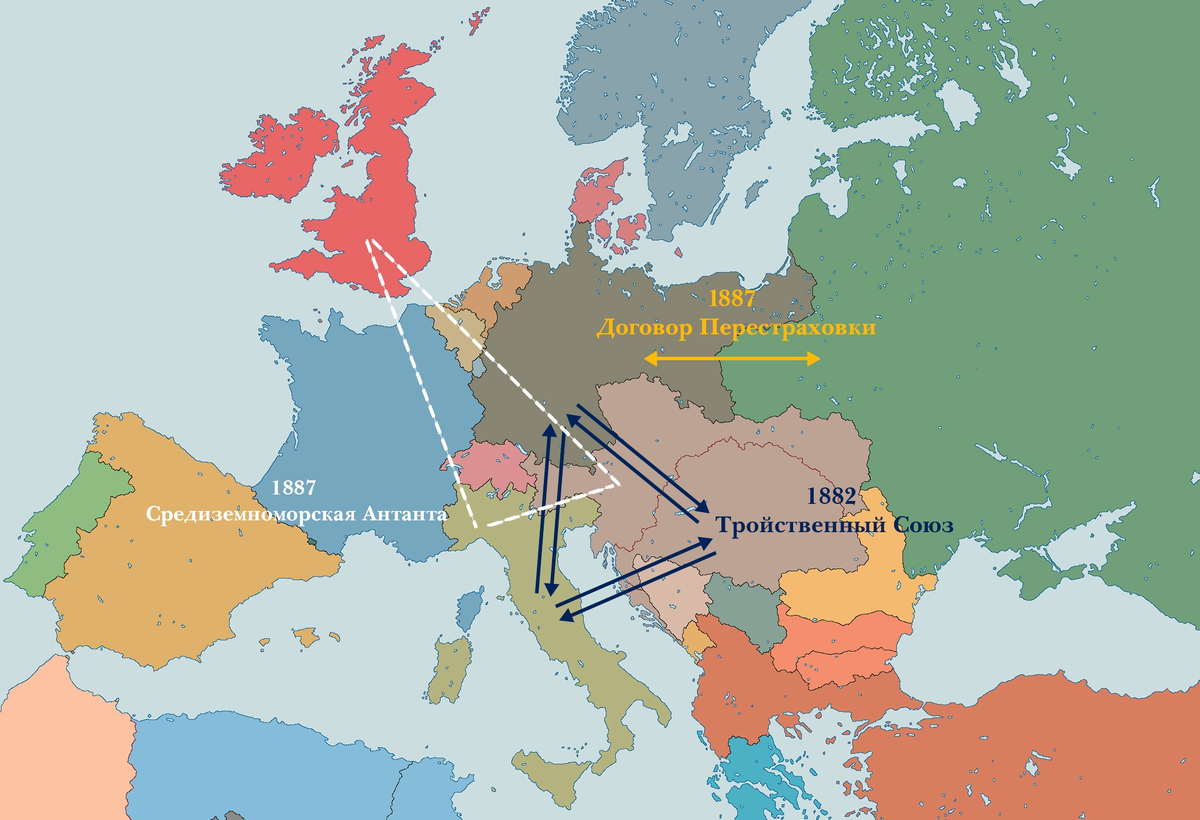 Карта основных союзов и договоров в 80-е гг. XIX в.
