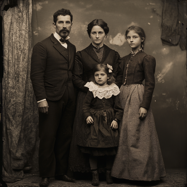 vintage photo of a family photo of the 19th century, father, mother, infant in mother's arms, 10-year-old girl, classic 19th century clothes in the style of modern art, full body, perfect composition, facing the camera, with a full moon light, low contrast, fashion photography, the old photograph is grainy, aged, with film dust and scratches