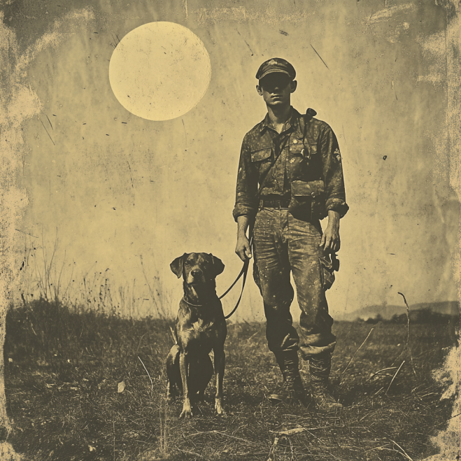 vintage photo of a war men with dog in the style of modern art, full body, perfect composition, facing the camera, with a full moon light, low contrast, fashion photography, the old photograph is grainy, aged, with film dust and scratches