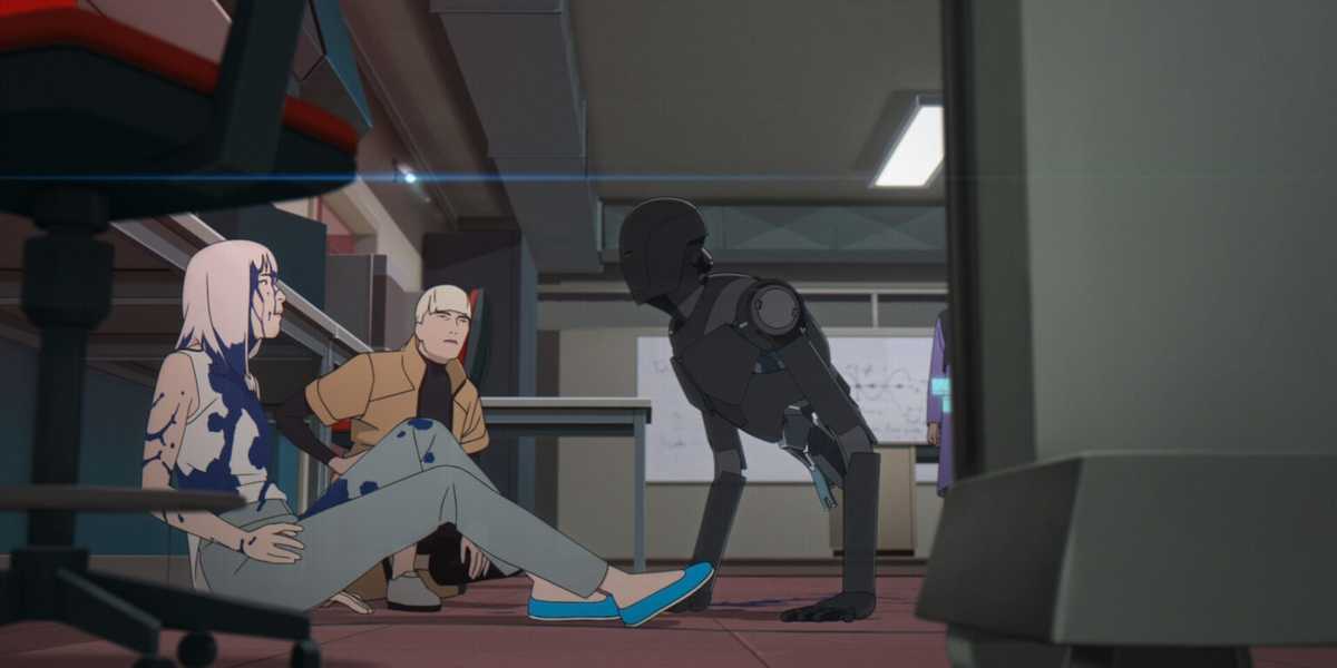 Алин Руби (в бежевой куртке) просматривает запись инцидента в лаборатории (с) Кадр из м/ф