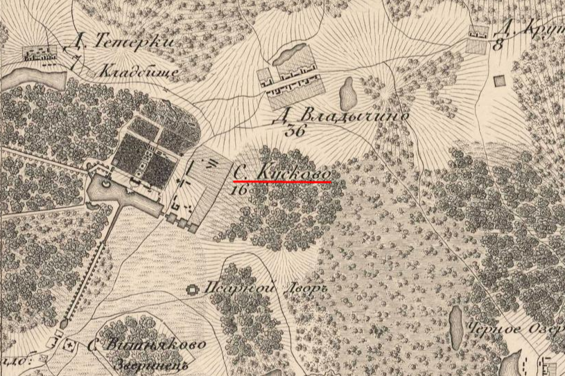 Село Кусково на плане окрестностей Москвы 1823 года. Источник: retromap.ru