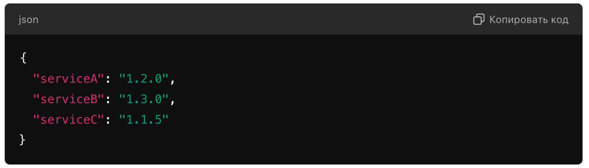 {   
  "serviceA": "1.2.0",
  "serviceB": "1.3.0",
  "serviceC": "1.1.5"
}