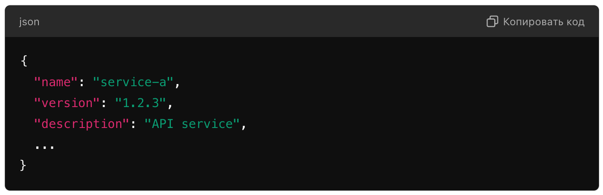 {
  "name": "service-a",
  "version": "1.2.3",
  "description": "API service",
  ...
}