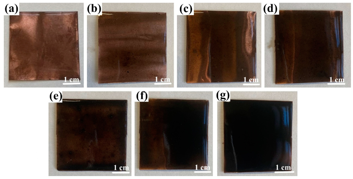 Фотографии пленок ПДМС+ углеродная сажа фуллерена (УСФ): (a) ПДМС; (b) ПДМС+0,05% УСФ; (c) ПДМС+0,1% УСФ; (d) ПДМС+0,15% УСФ; (e) ПДМС+0,2% УСФ; (f) ПДМС+0,25% УСФ; (g) ПДМС+0,3% УСФ. Источник фото: https://doi.org/10.3390/ma17112470.