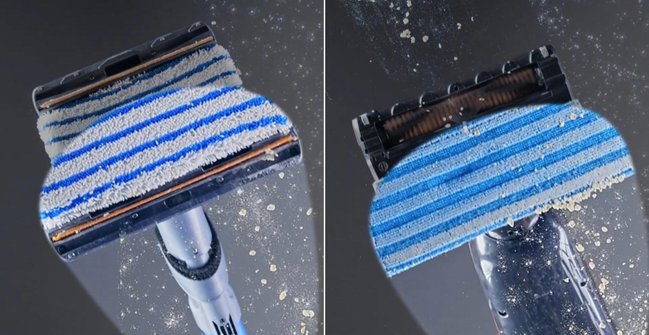Слева — насадка Aqua с микрофиброй для влажной уборки пола, справа — стандартная с жесткими щетинками для сложных загрязнений 