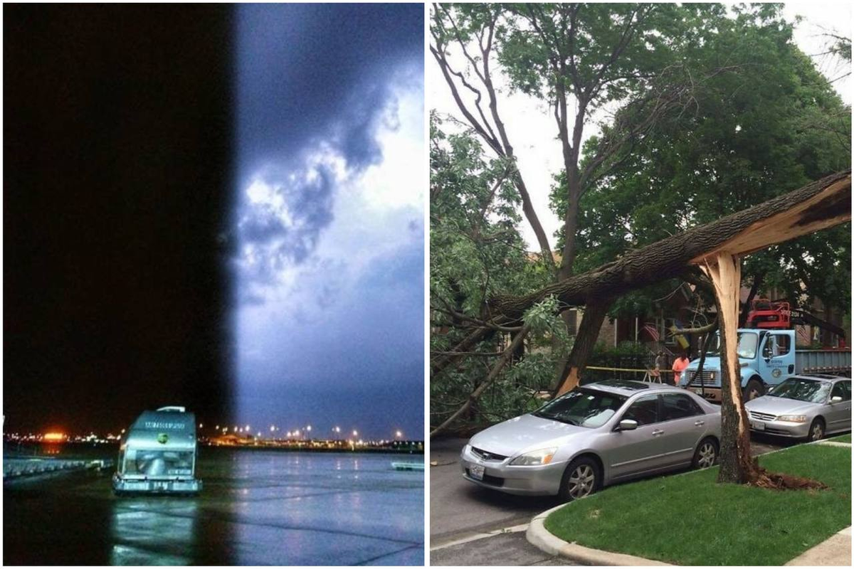 Слева: кадр сделан в момент удара молнии. Справа: Дерево чудом не задело машину.