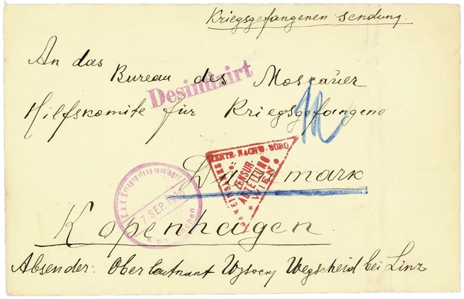 Конверт 1916 г. из австрийского военного лагеря со штампом Desinfizirt (“продезинфицированный”). Источник изображения: Theatlantic.com