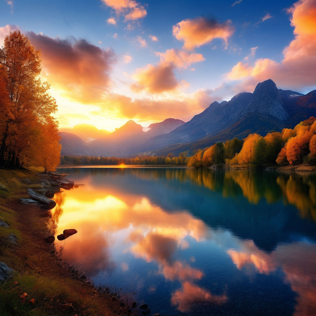 картинка создана нейросетью Осеннее озеро в горах