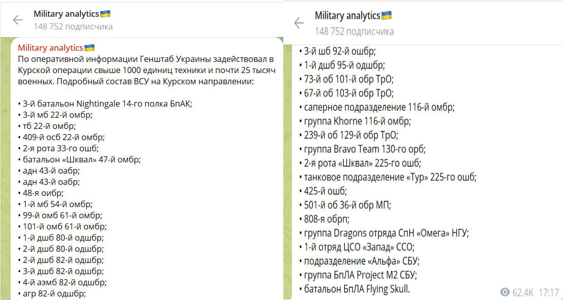    Скриншот: вражеский канал Military analytics
