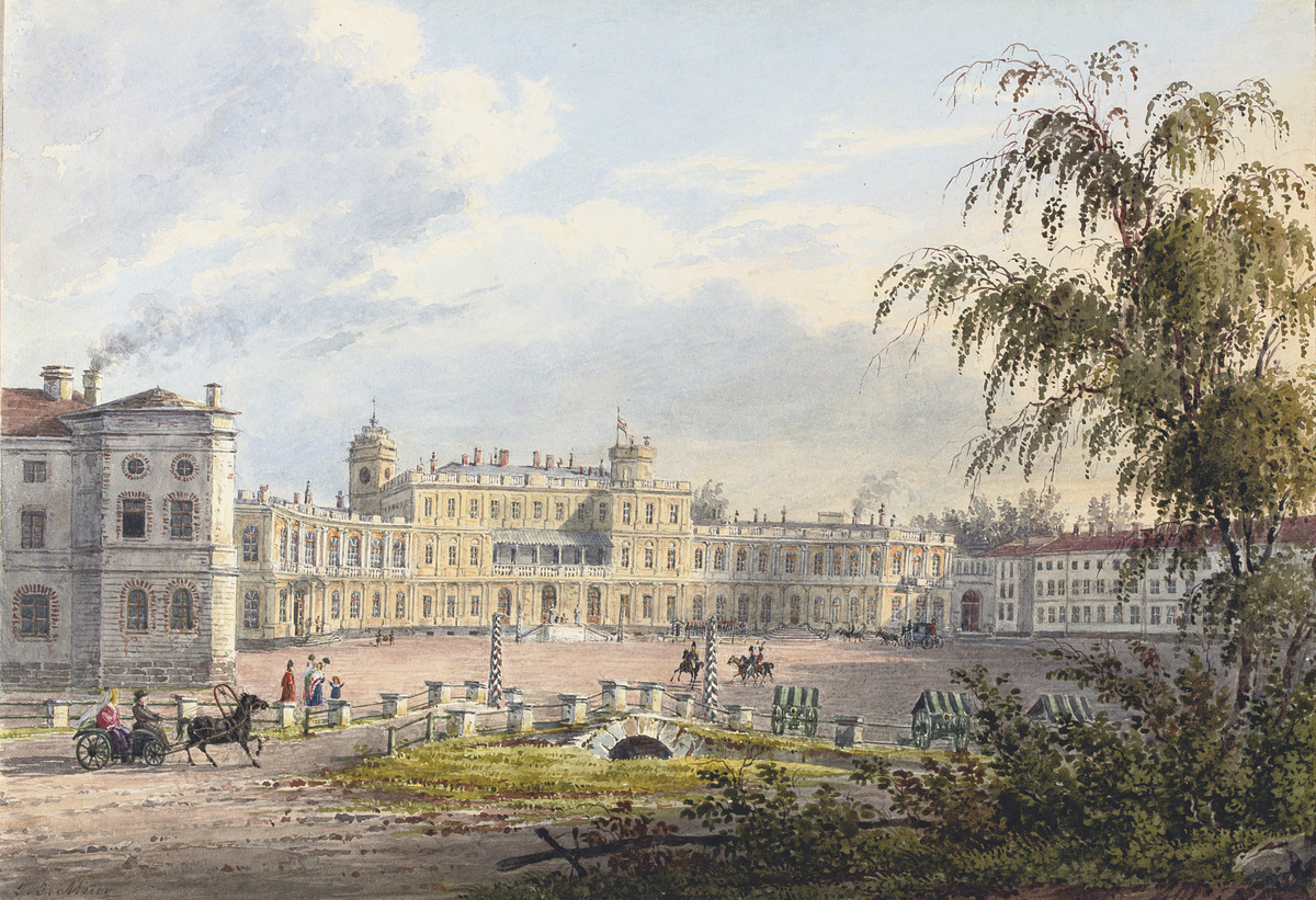 На картине И.Я. Мейера изображен Гатчинский дворец в 1840-е годы. На левой башне (Сигнальной) Центрального корпуса можно увидеть аппарат оптического телеграфа.