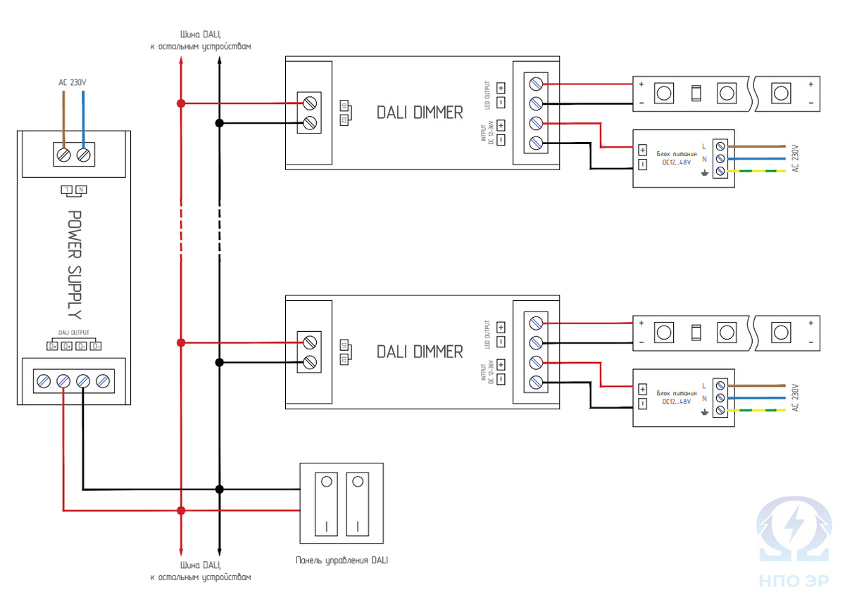 Рисунок 2. Подключение блока питания к шине Dali. Изображение выполнено командой НПО ЭлектроРазработки