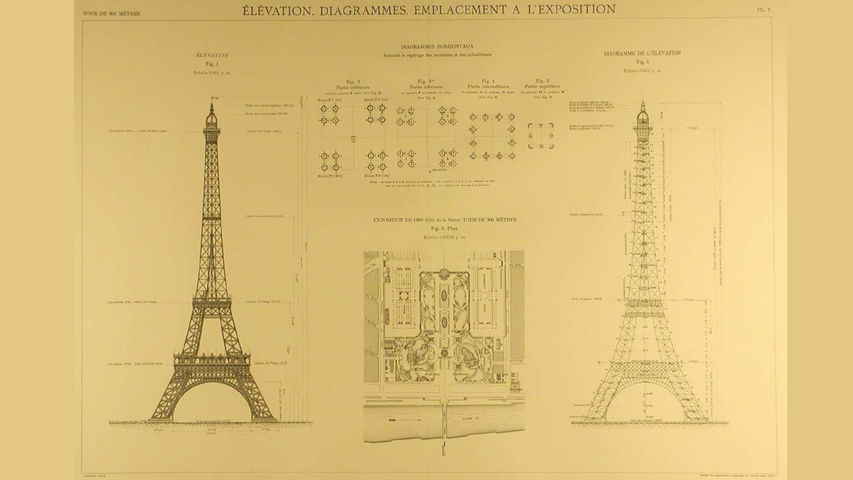 Чертежи генплана и фасадов, Эйфелева башня. Авторы: Густав Эйфель, Стефан Совестр.  Источник: kannelura.ru