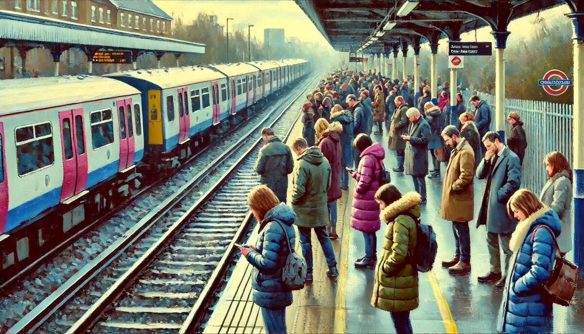 Электричка опаздывала на десять минут.