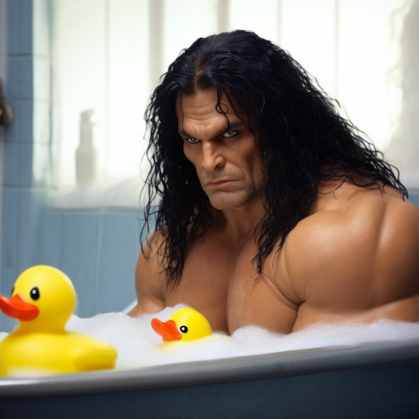Суровый варвар в ванной с уточками