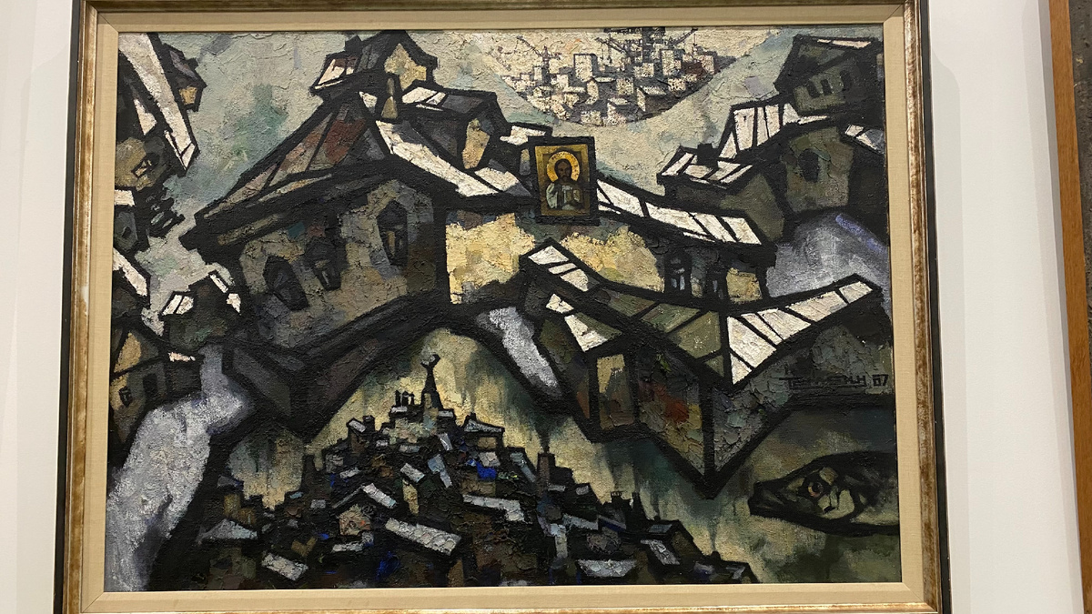 Оскар Рабин, "Дом в Прилуках с карпом", 1971