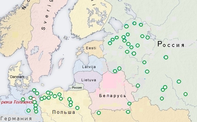 Зеленые круги отмечают назвакния озер и рек с корнем КОЛП- (лебедь) и совпадают с территорией лужицкой культуры.