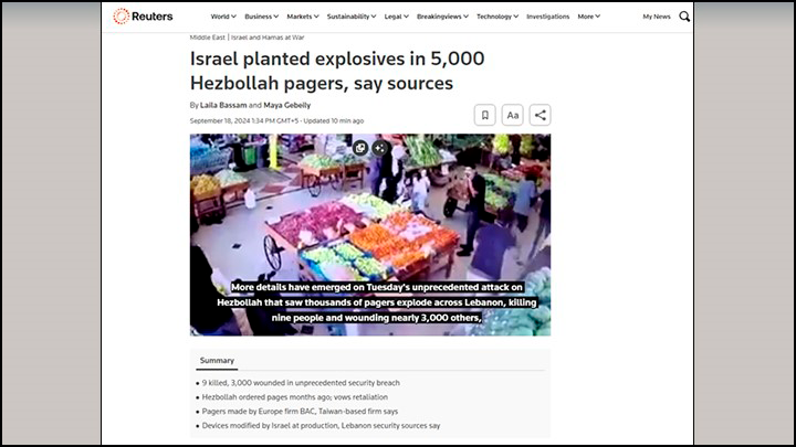    Первый этап - теракты с более 4000 раненых и десятками погибших, что дальше? Скрин: Reuters