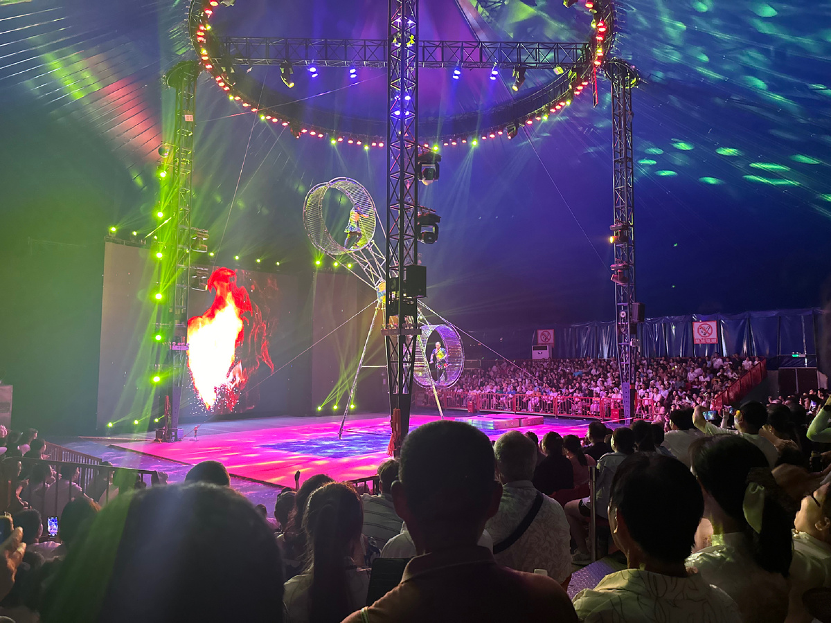 На представлении в китайском цирке.Очень много людей.