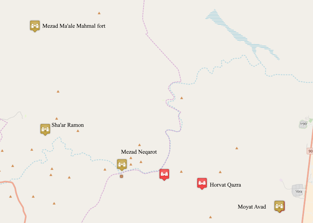 Скрин с карты проекта "Vici" с названиями, упоминаемых мест. На карте ориентироваться по Мицпе-Рамон (מצפה רמון).