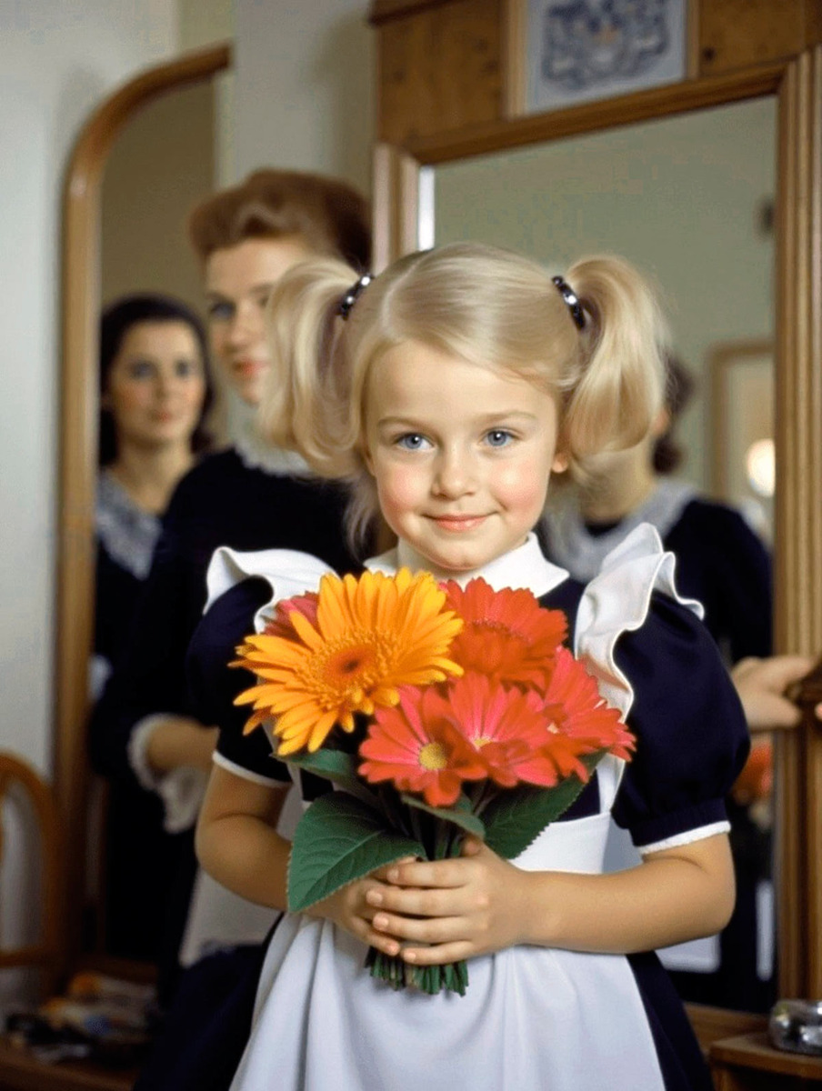 Подпись к изображению: Я перед зеркалом в то памятное утро. Какой же взрослой я себе казалась в школьной форме!