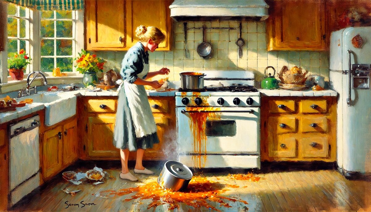 Содержимое выплеснулось наружу, окатив кухню дождём из риса и овощей.