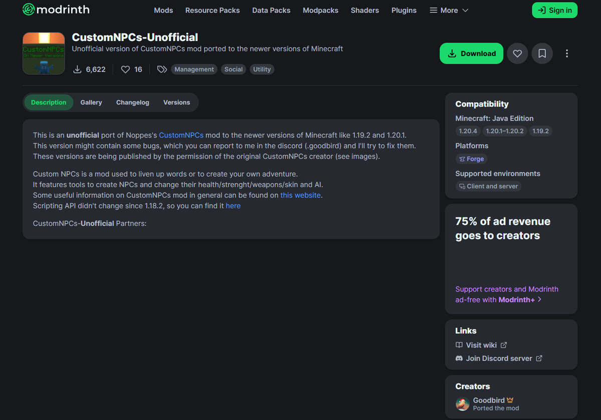 Страница мода на modrinth