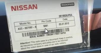 Карточка с кодом от магнитолы Nissan Terrano 