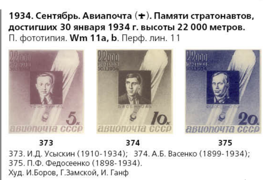 Серия марок с портретами советских героев испытателей И.Усыскина, А.Васенко и П.Федосеенко, погибшими во время рекордного подъема в стратосферу.