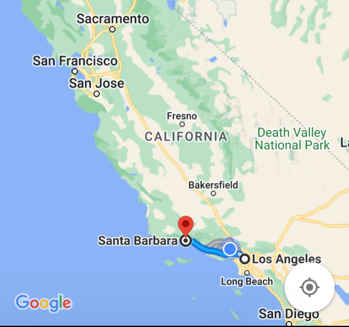 Карта пути из Лоса до Санта-Барбары.