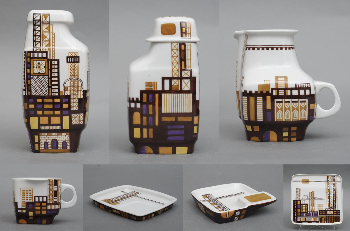 Предметы фасона "Индустриальный". 1987. Автор форм Золотов Ю.Б., автор росписи Горькова А.А. Государственное бюджетное учреждение культуры города Москвы "Государственный дворцово-парковый музей-заповедник "Останкино и Кусково".  Листайте галерею ваправо.